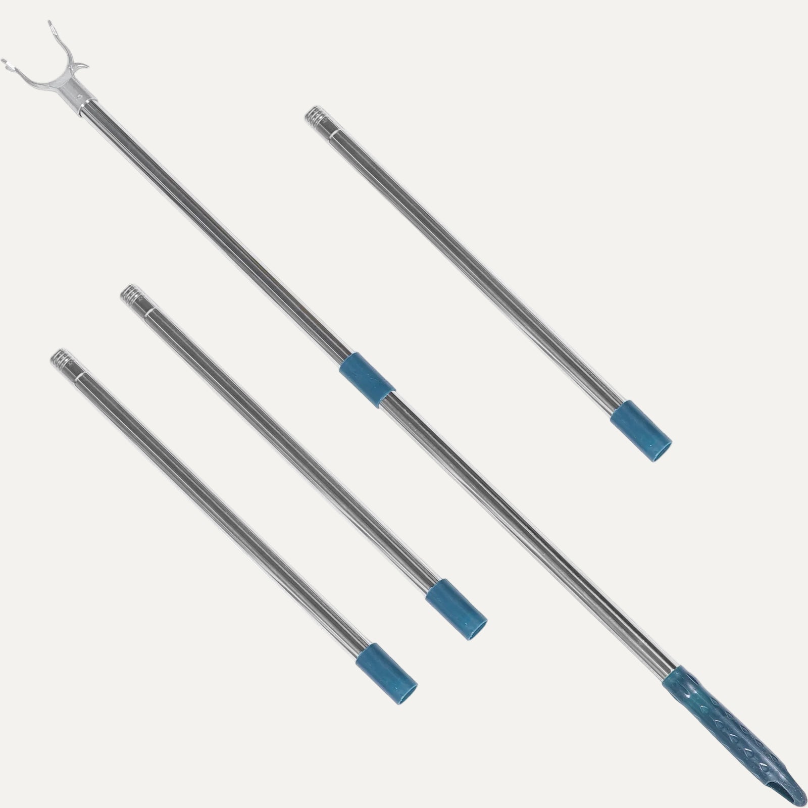 Set of four extendable poles with blue accents on a white background
