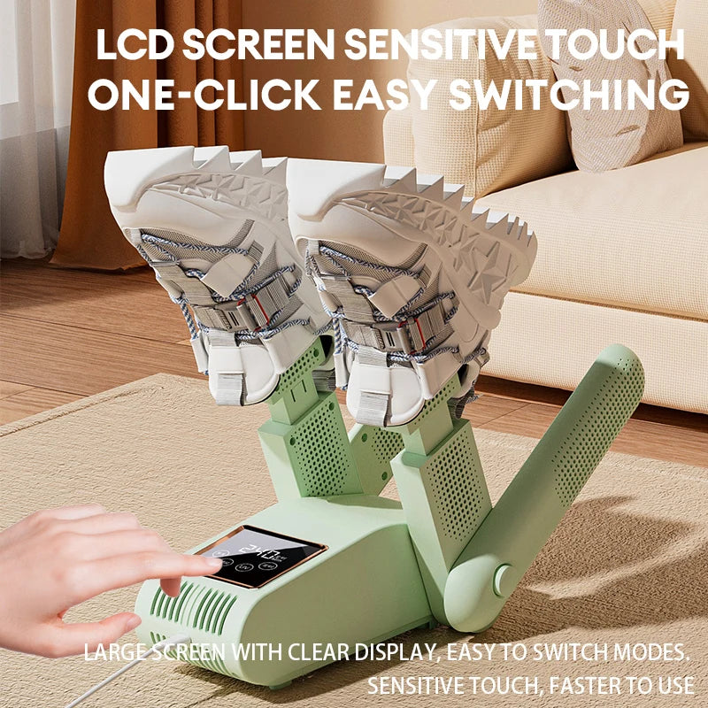Shoe dryer with a screen on a stand in a living room setting, featuring text about LCD screen sensitivity and easy switching.