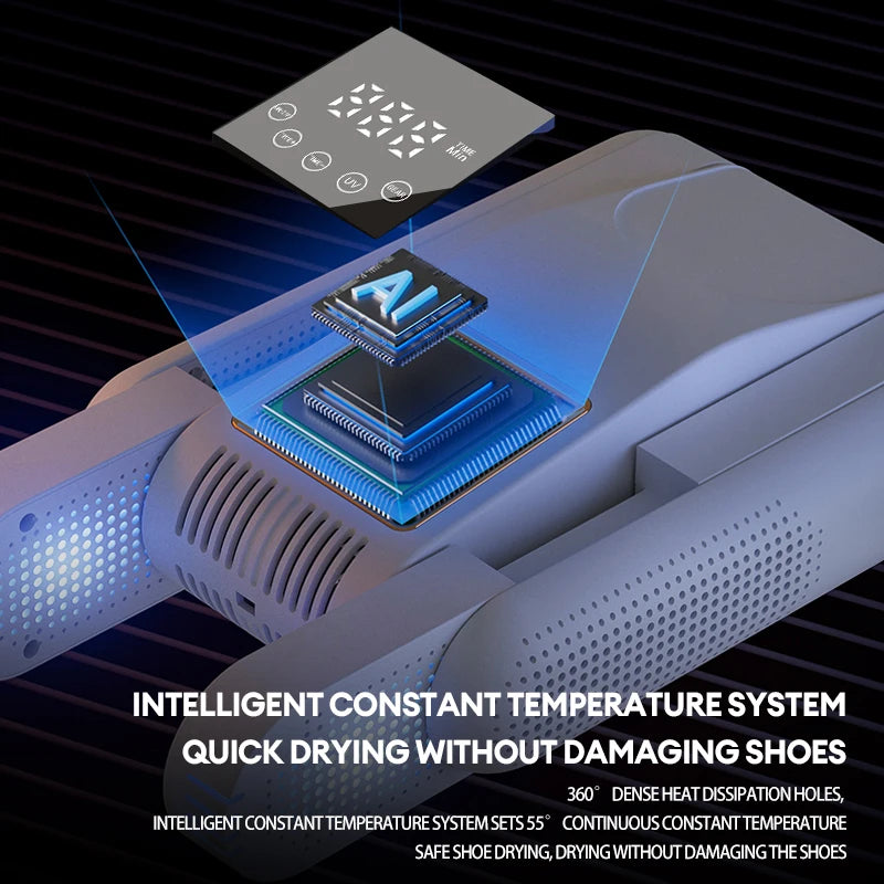 Shoe dryer with an artificial intelligent digital display and text highlighting its features on a dark background