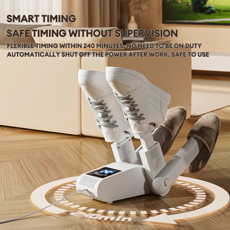 Shoe drying rack with digital display on a wooden floor, featuring text about smart timing and safety.