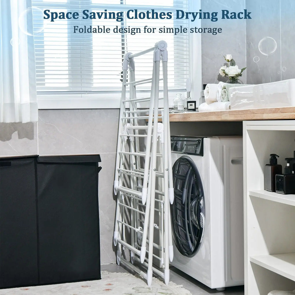 Space-saving clothes drying rack/airer in a laundry room with washing machine and dryer.