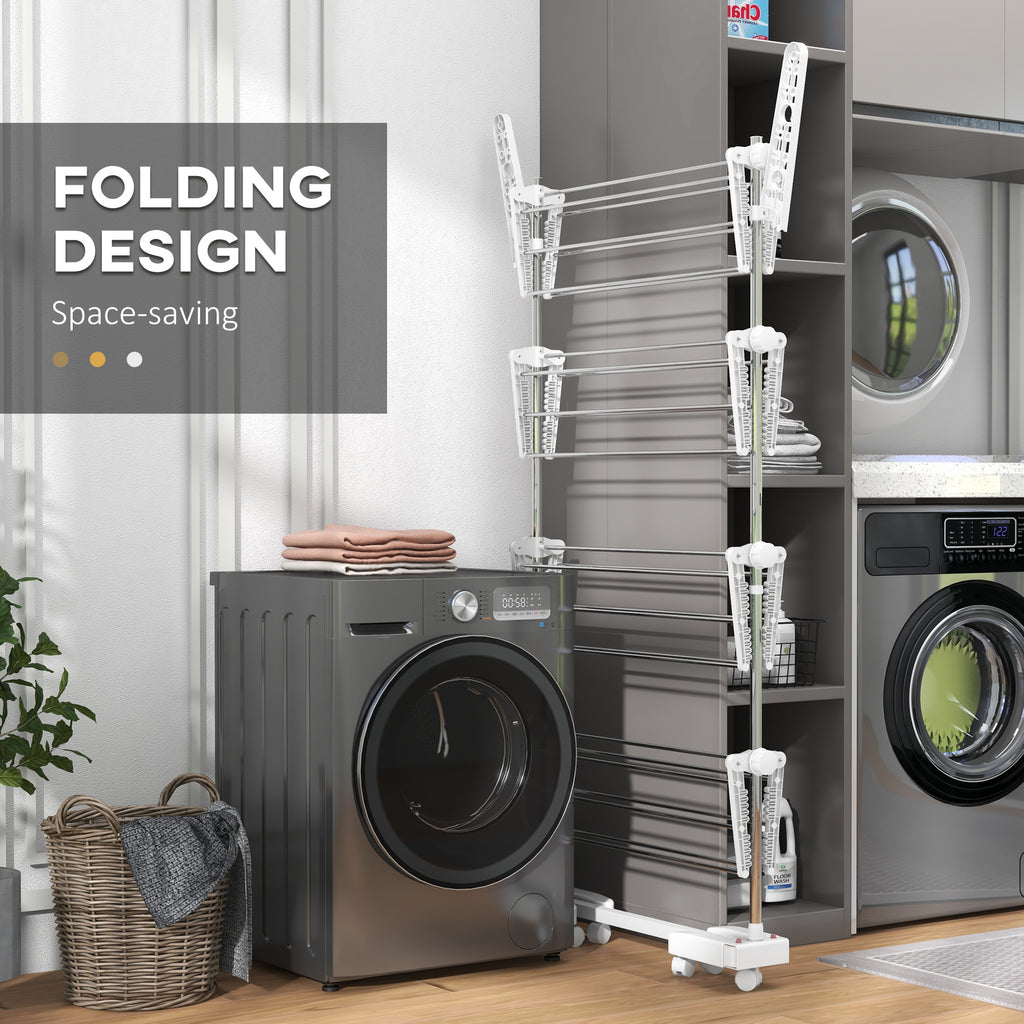 Space-saving folding design laundry rack in a laundry room with washing machines.