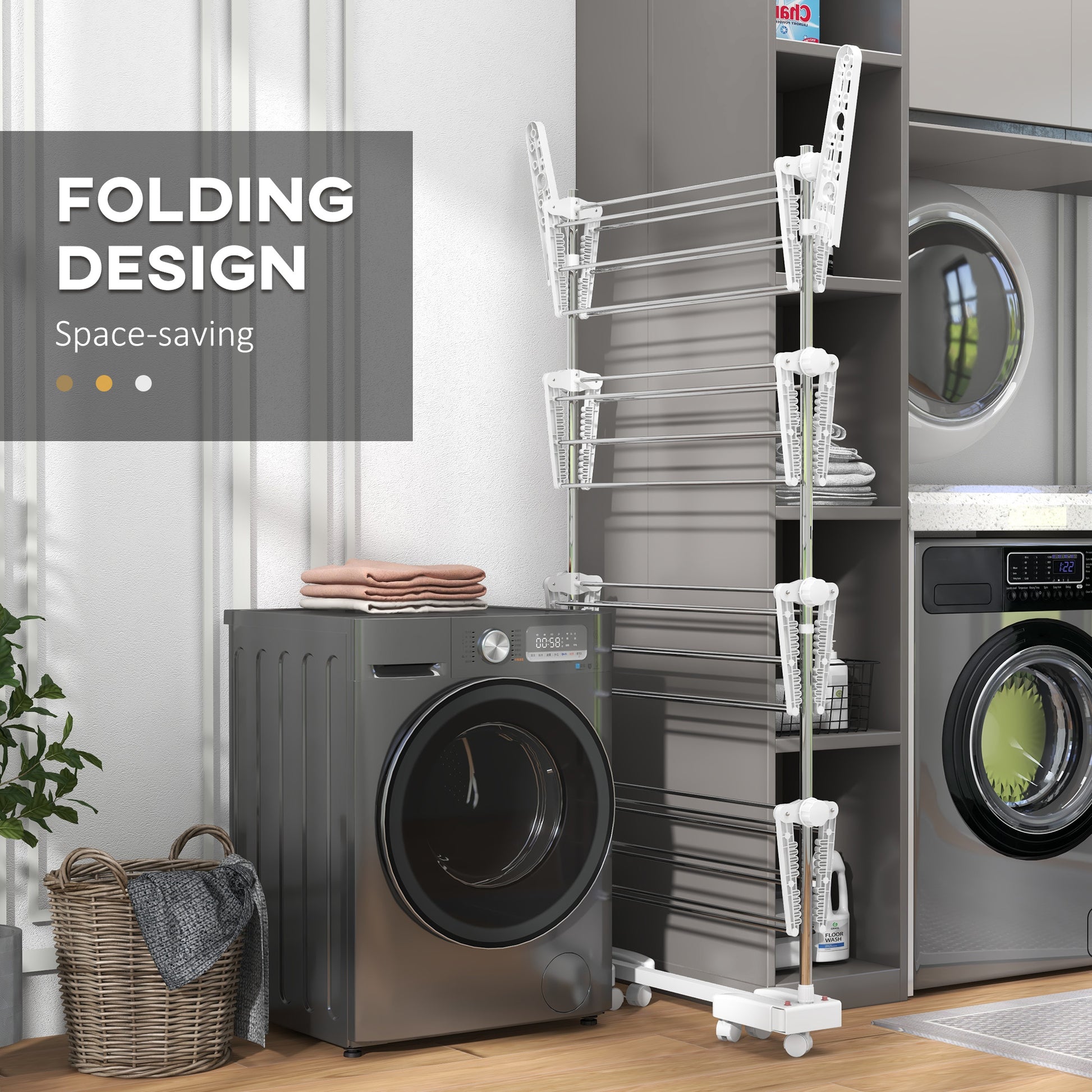Space-saving folding design laundry rack in a laundry room with washing machines.