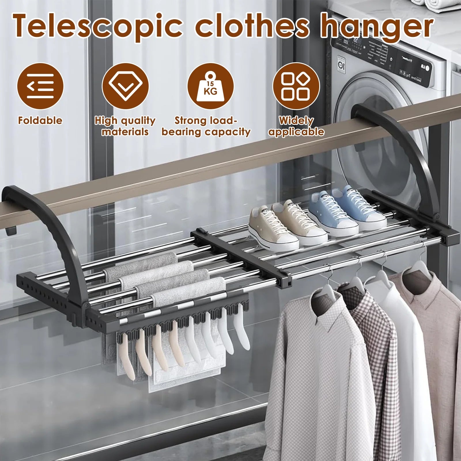 Telescopic clothes hanger with shoes and clothes in a laundry room setting