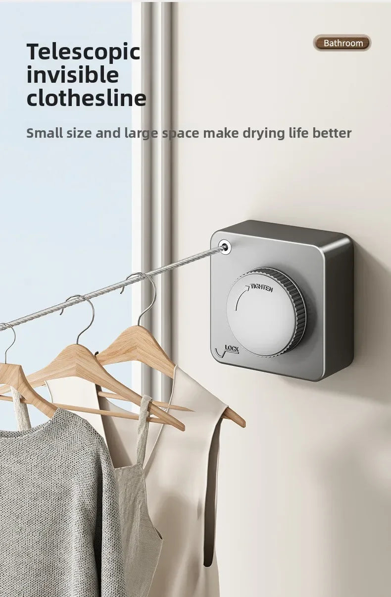 Telescopic invisible clothesline with clothes hanging on it, mounted on a wall.