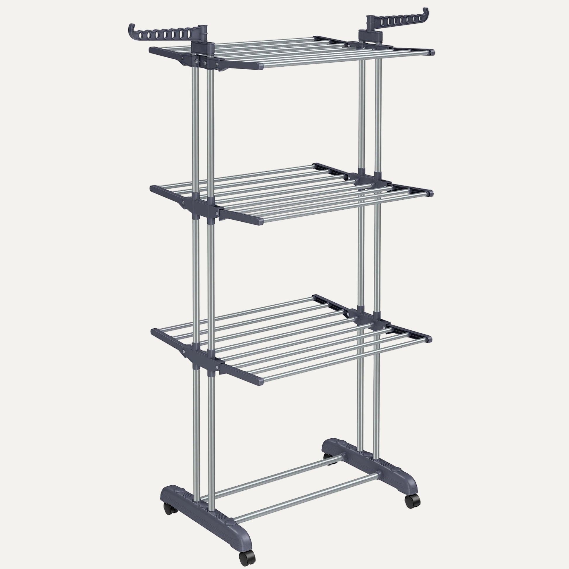 Three-tier metal rack with wheels on a white background