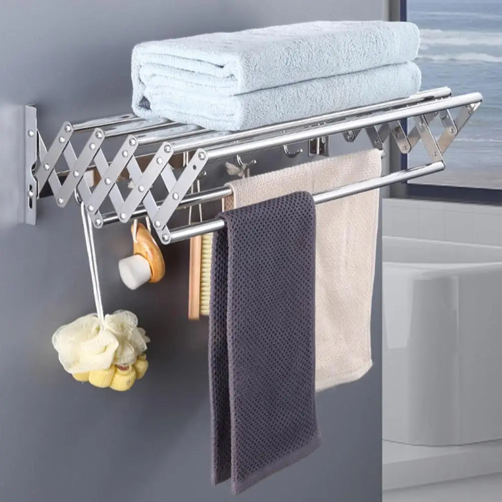 Towel rack with folded towels and cleaning tools in a bathroom setting