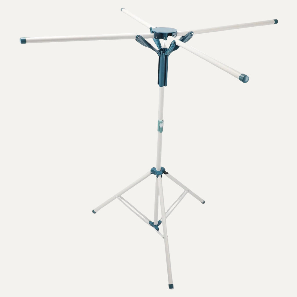 Tripod-Style foldable drying rack/clothes airer on a white background
