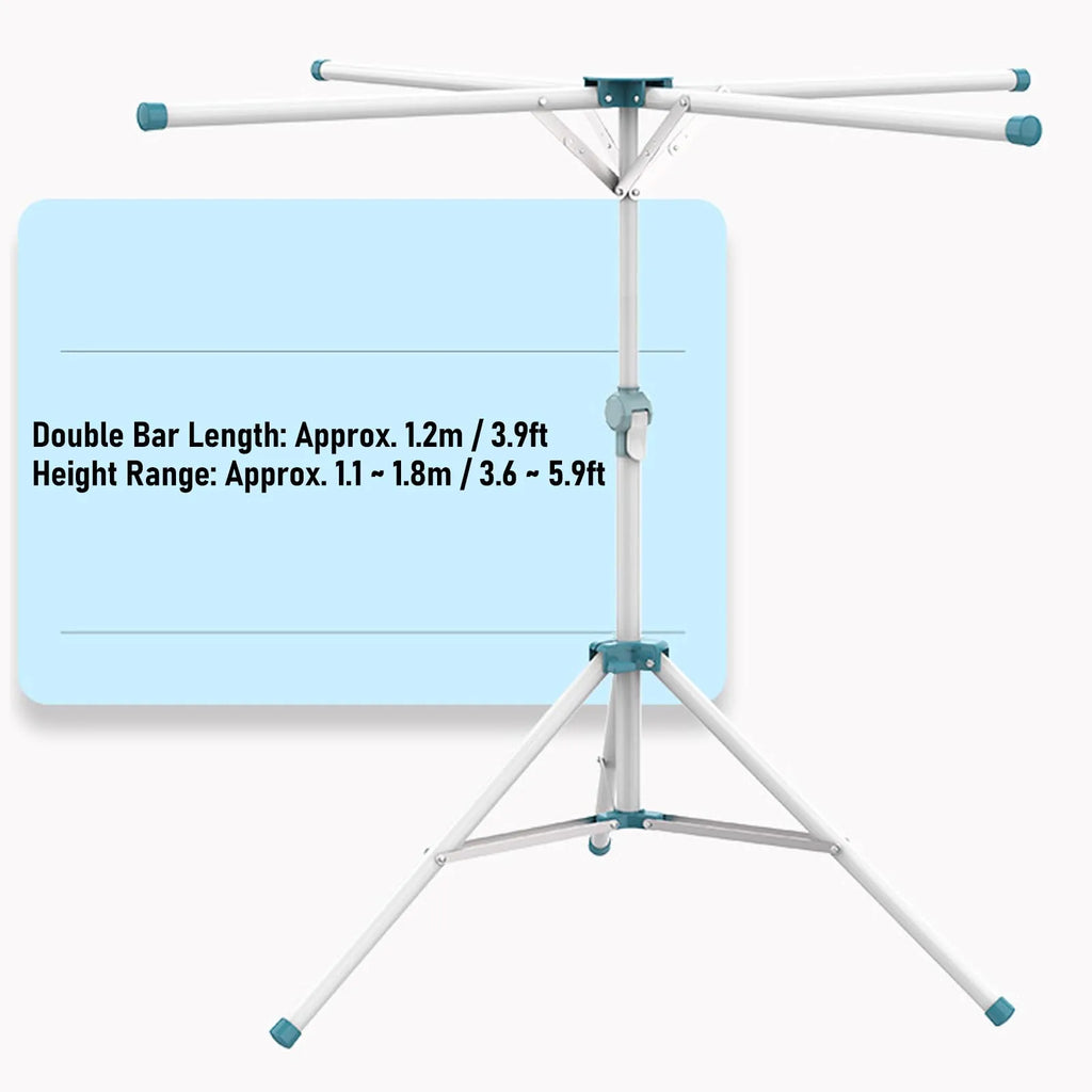 Tripod-Style foldable drying rack/clothes airer on a white background with dimensions and length