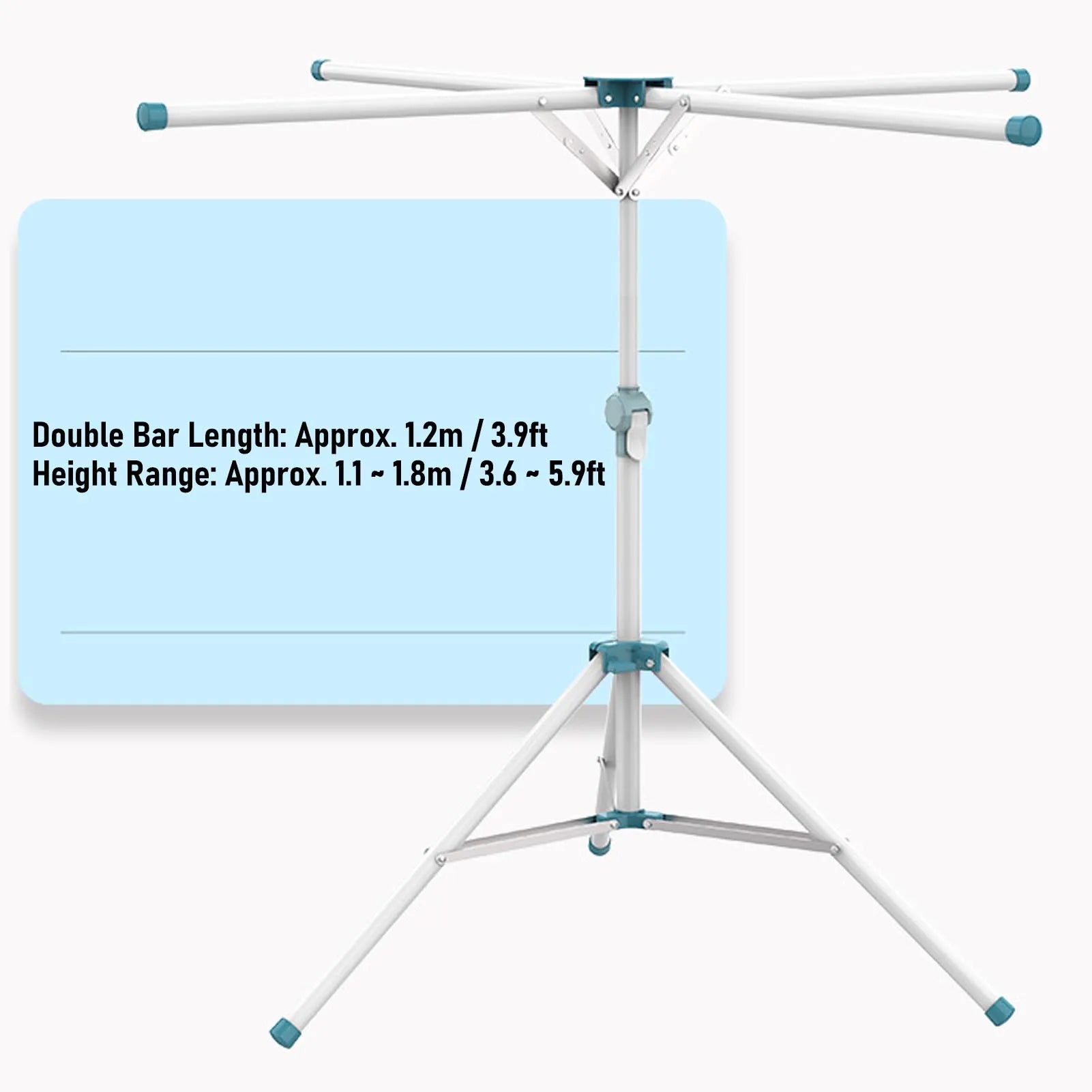 Tripod-Style foldable drying rack/clothes airer on a white background with dimensions and length