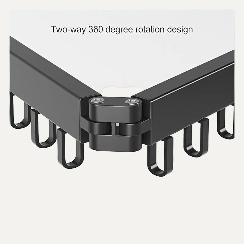 Two-way 360-degree rotation design of a metal drying rack/airer on a light blue background.