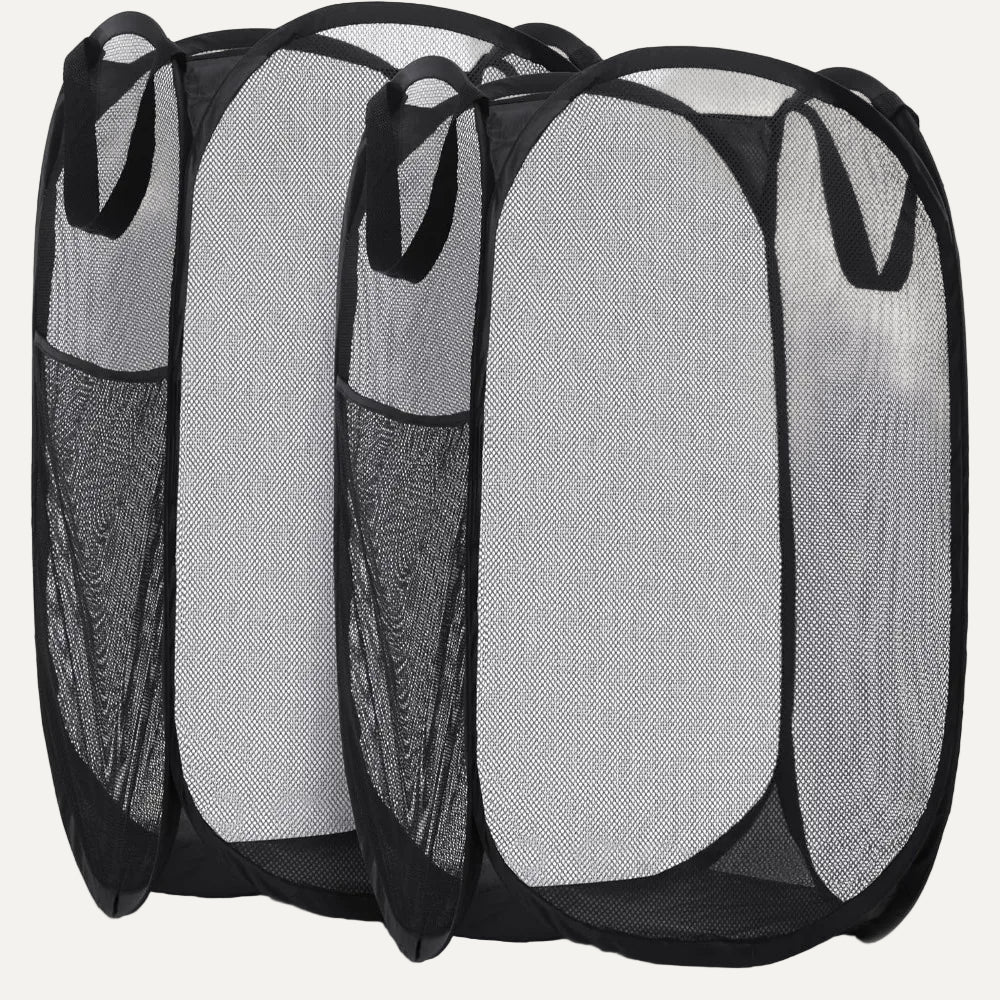 Two Large Collapsible Mesh Laundry Baskets on a white background