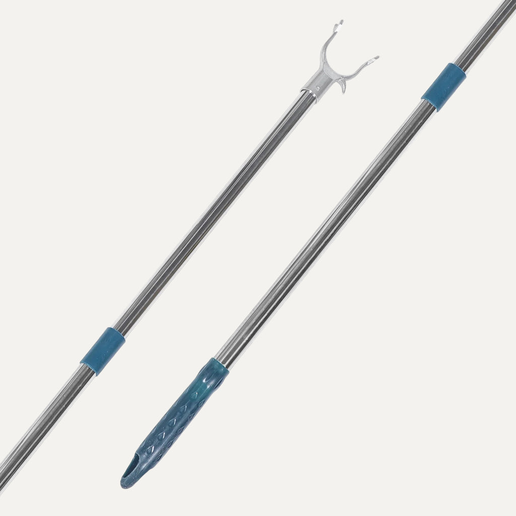 Two extendable poles with blue grips on a white background