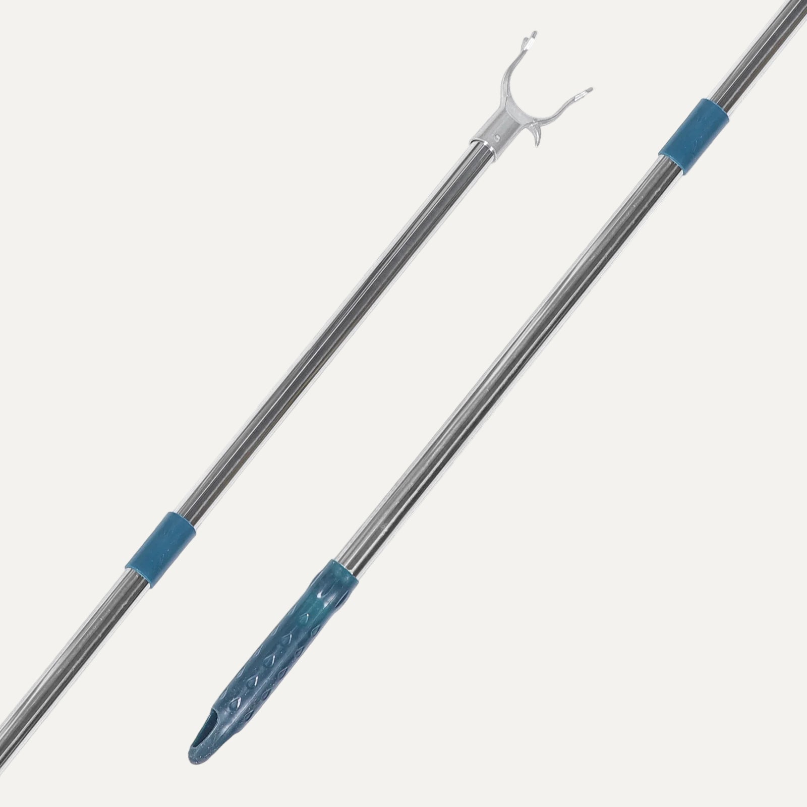 Two extendable poles with blue grips on a white background