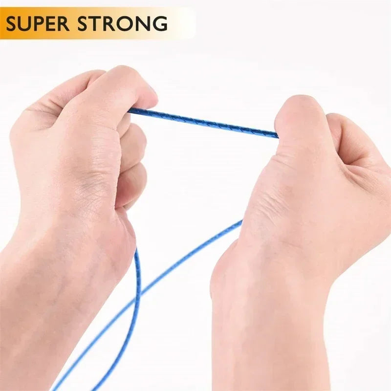 Two hands pulling on a blue clothesline with 'SUPER STRONG' text above.