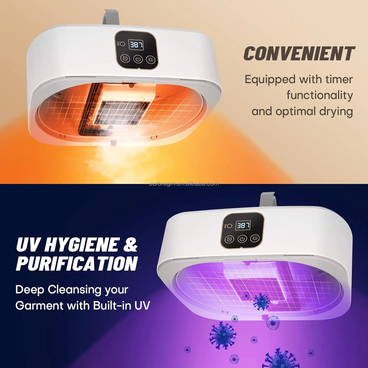 UV sterilizer with digital display on a beige and blue background, highlighting its convenience and UV hygiene capabilities.