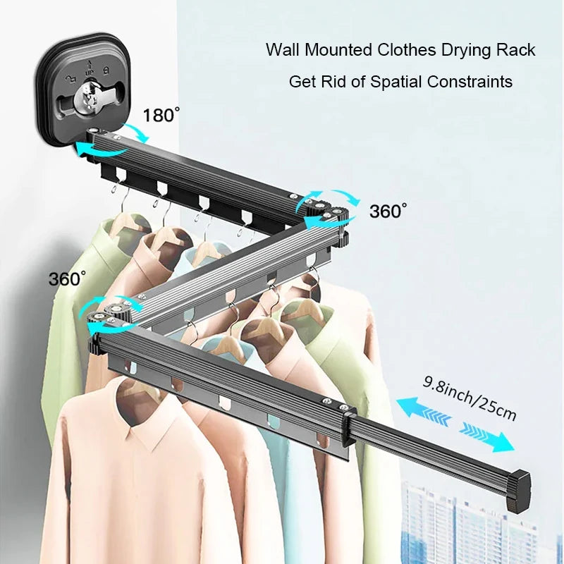 Wall-mounted clothes drying rack with adjustable features on a light gray background