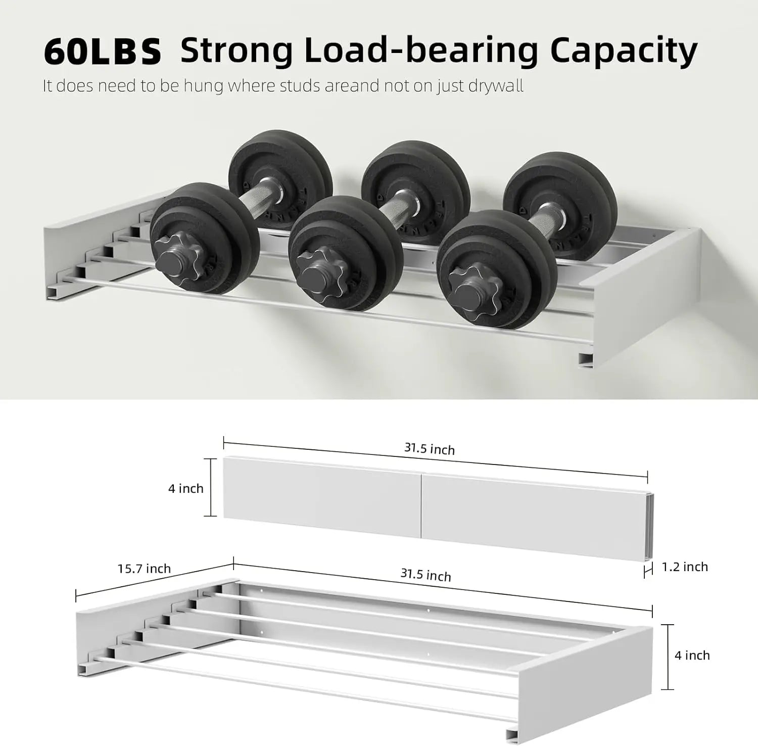 Wall-mounted dumbbell rack with dumbbells and dimensions displayed.