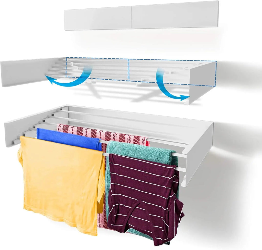 Wall mounted Foldable clothes airer with hanging clothes on a white background