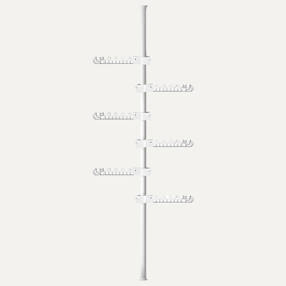 White Floor to Ceiling Clothing rack with clothes and bags on a white background