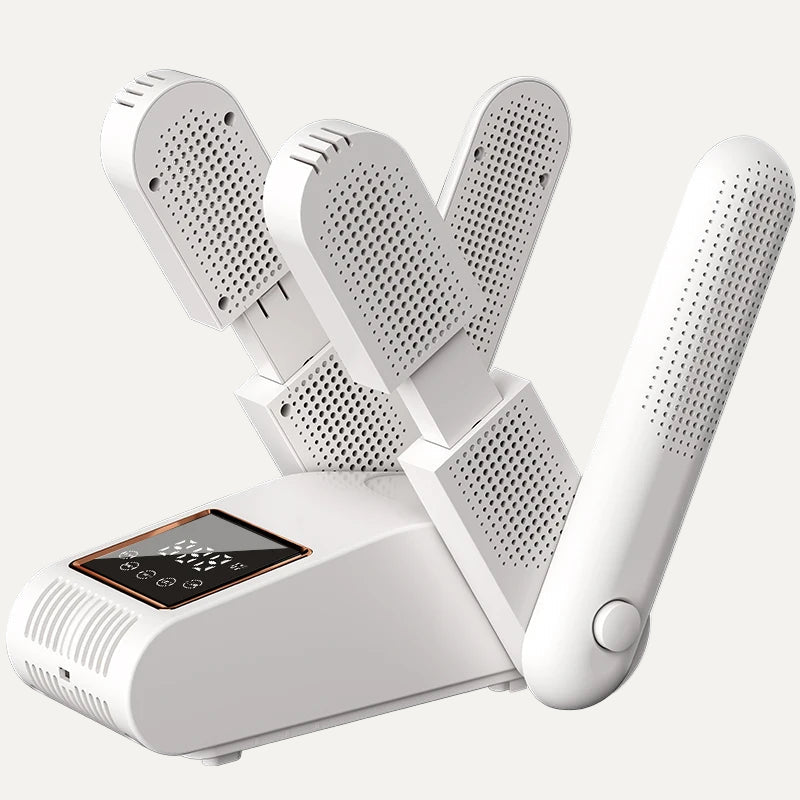 White Portable Electric Shoe Dryer with multiple arm-like extensions on a white background