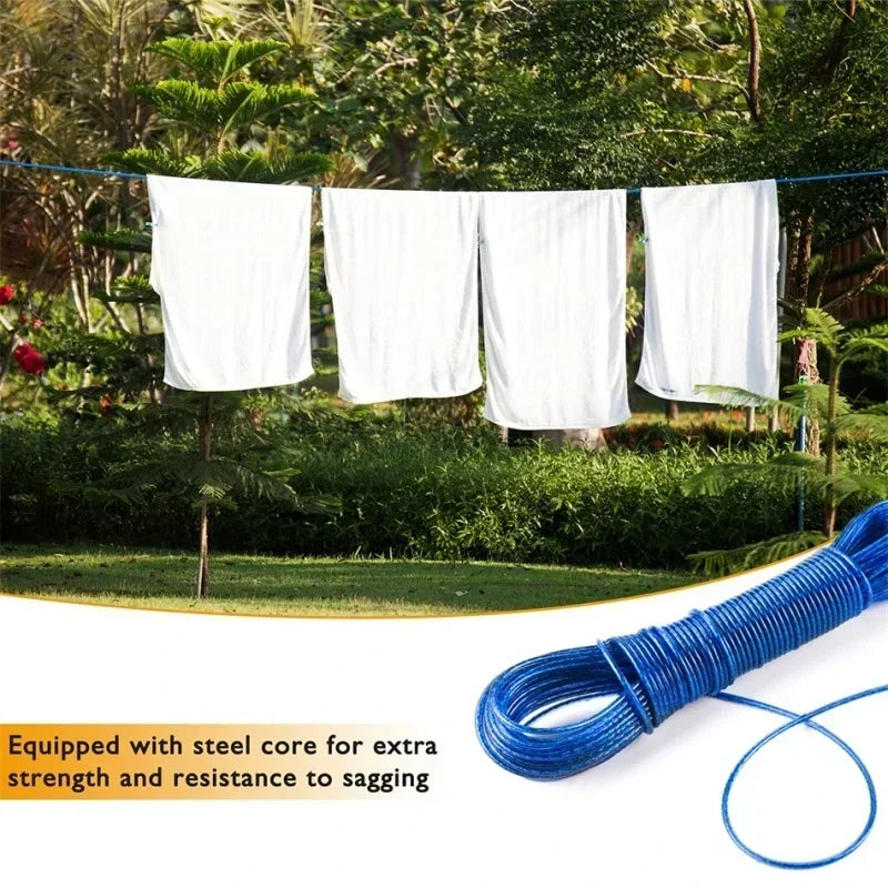White clothes hanging on a clothesline with a coiled blue rope in the foreground, set against a natural background.
