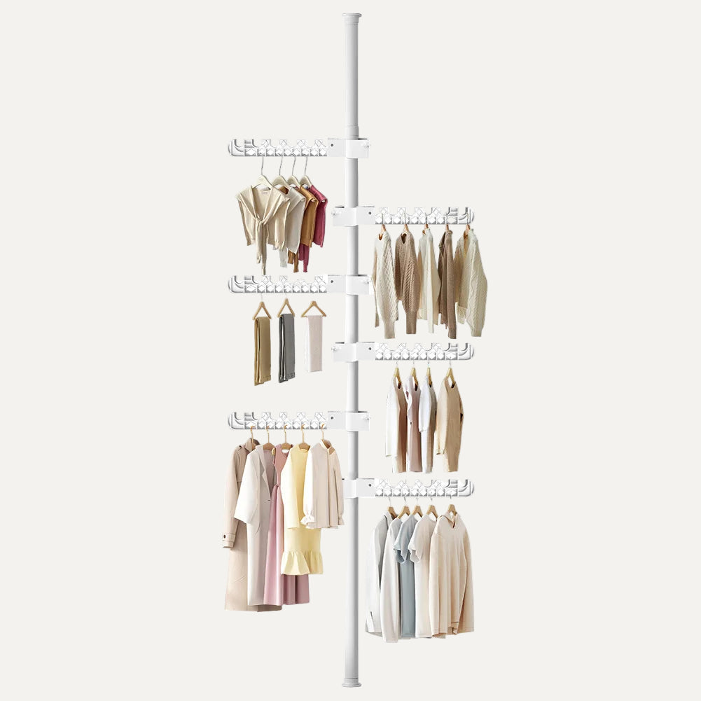 White clothing rack with multiple shelves displaying various clothes on a white background