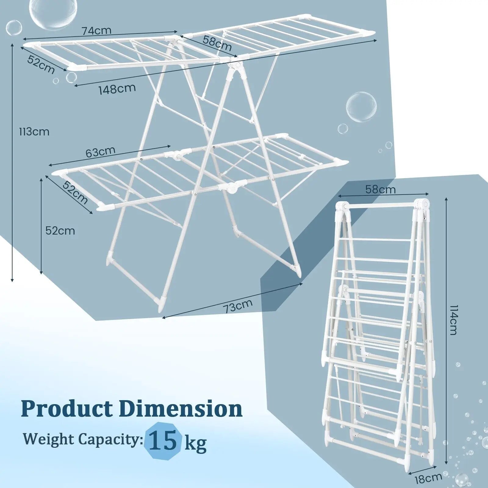 White drying rack with dimensions and weight capacity on a blue background