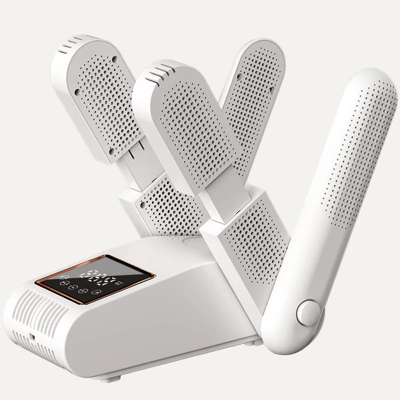 White electronic shoe dryer on a white background