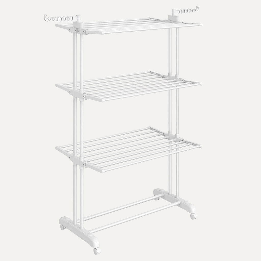 White metal shelving unit with four shelves on a white background