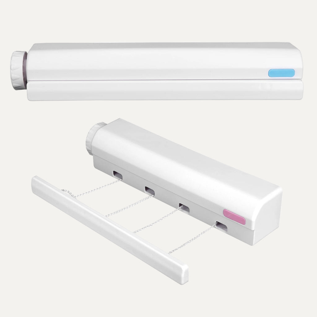 White retractable clothesline tool with 4 lines on a white background