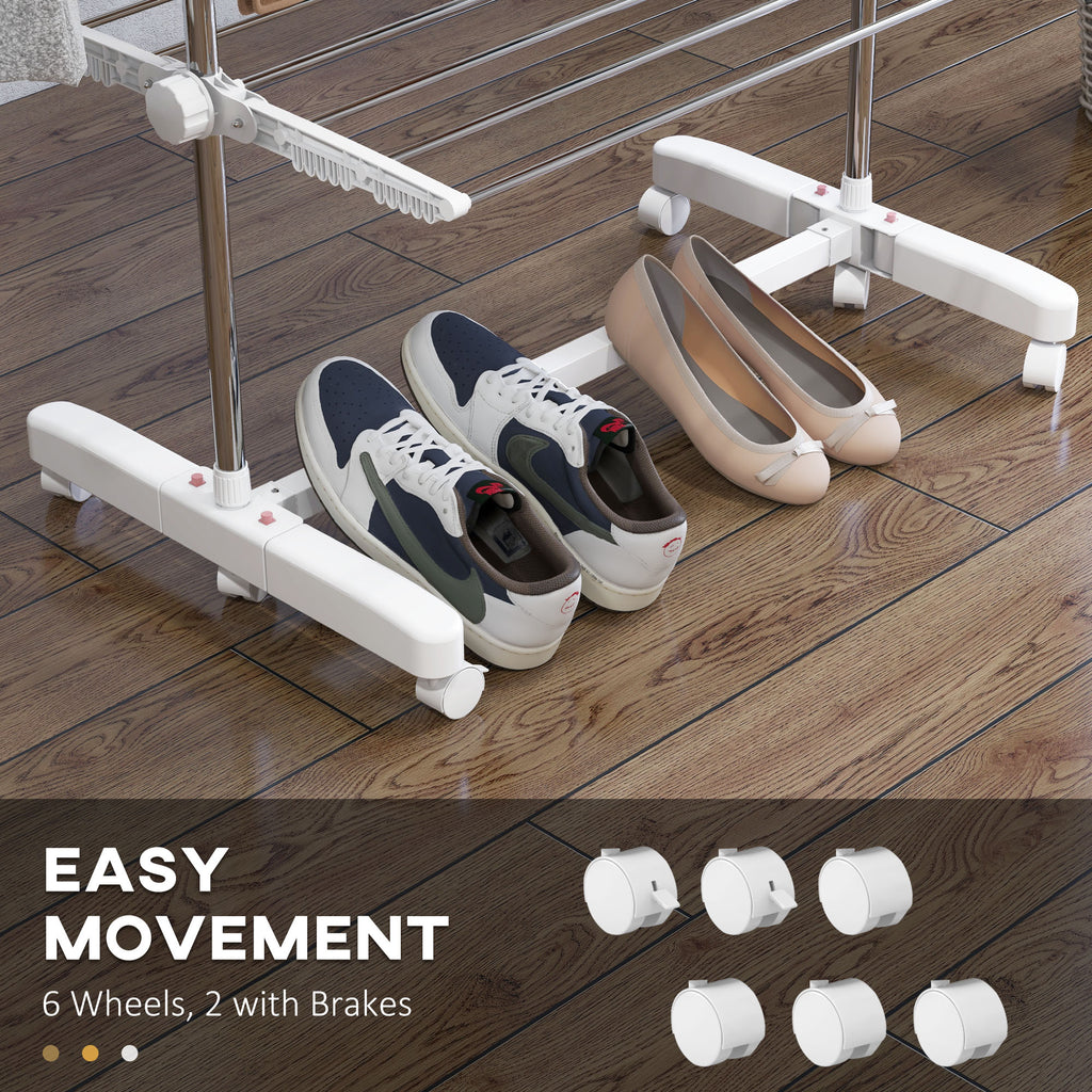 White shoe rack with shoes on a wooden floor, featuring text 'Easy Movement' and '6 Wheels, 2 with Brakes'.