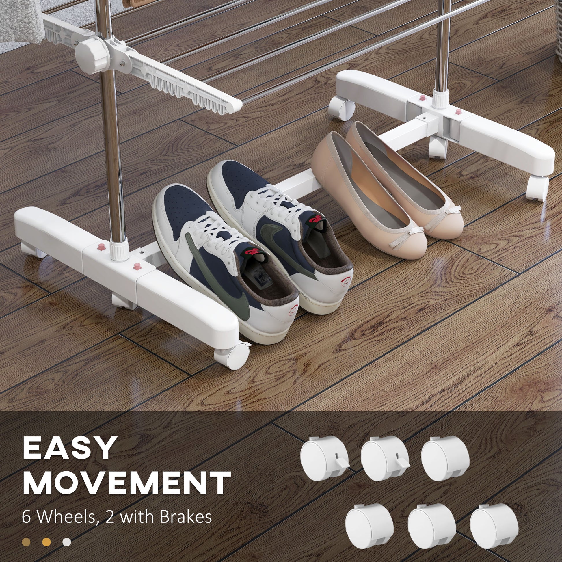 White shoe rack with shoes on a wooden floor, featuring text 'Easy Movement' and '6 Wheels, 2 with Brakes'.