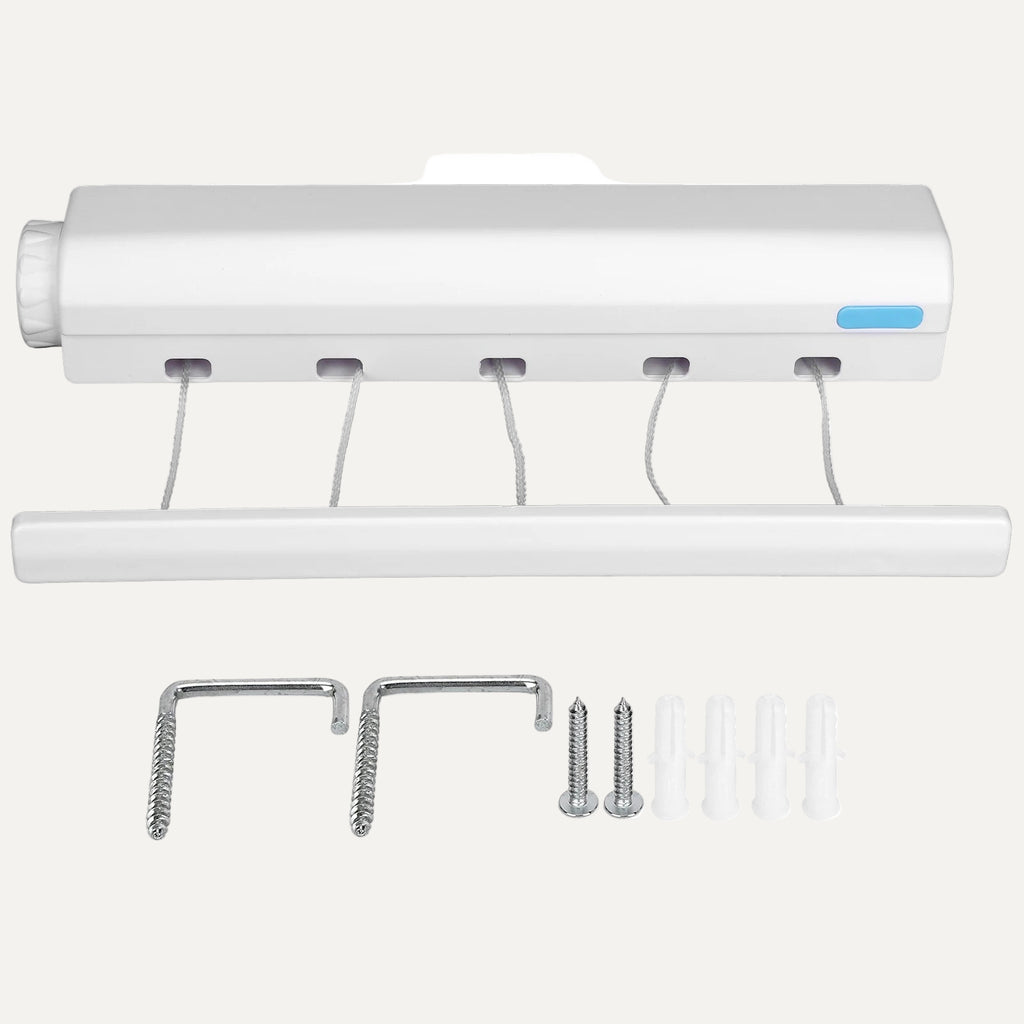 White slightly extended retractable clothesline with mounting hardware on a white background