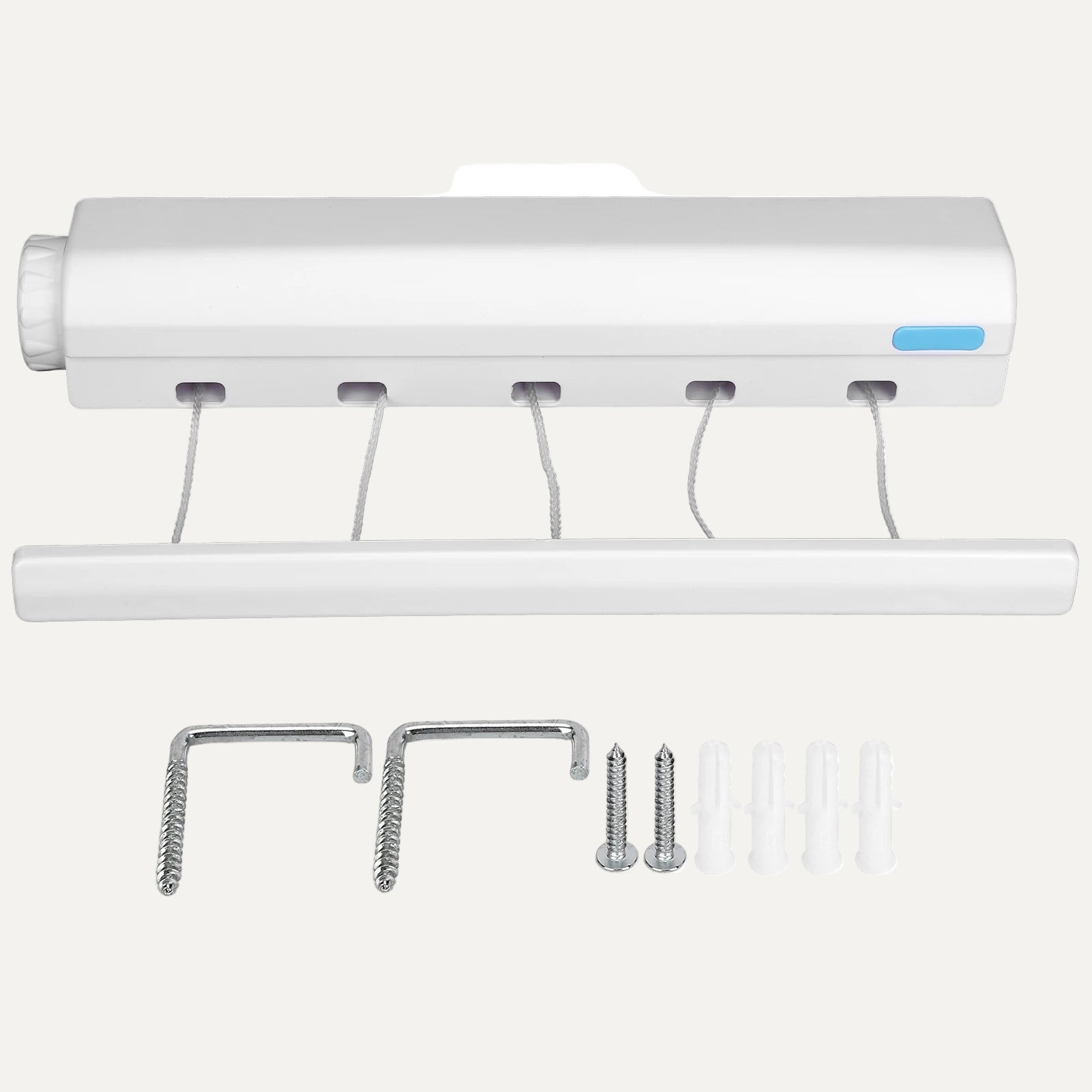 White slightly extended retractable clothesline with mounting hardware on a white background