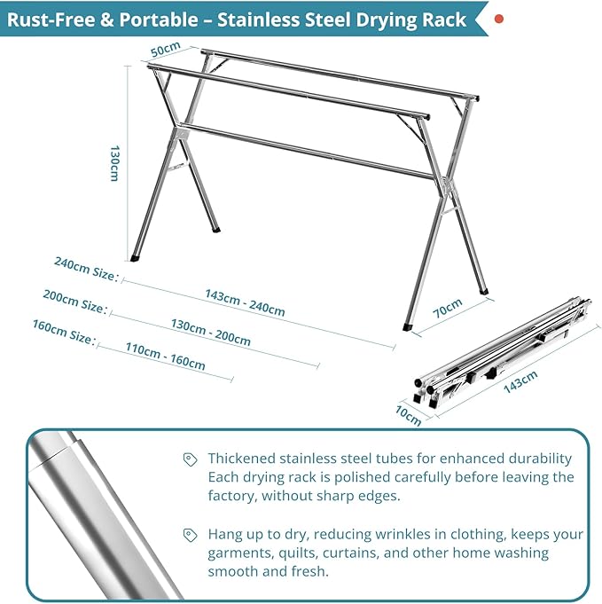 X-Shape Foldable Stainless Steel Clothes Airer/drying rack with dimensions highlighted on a white background