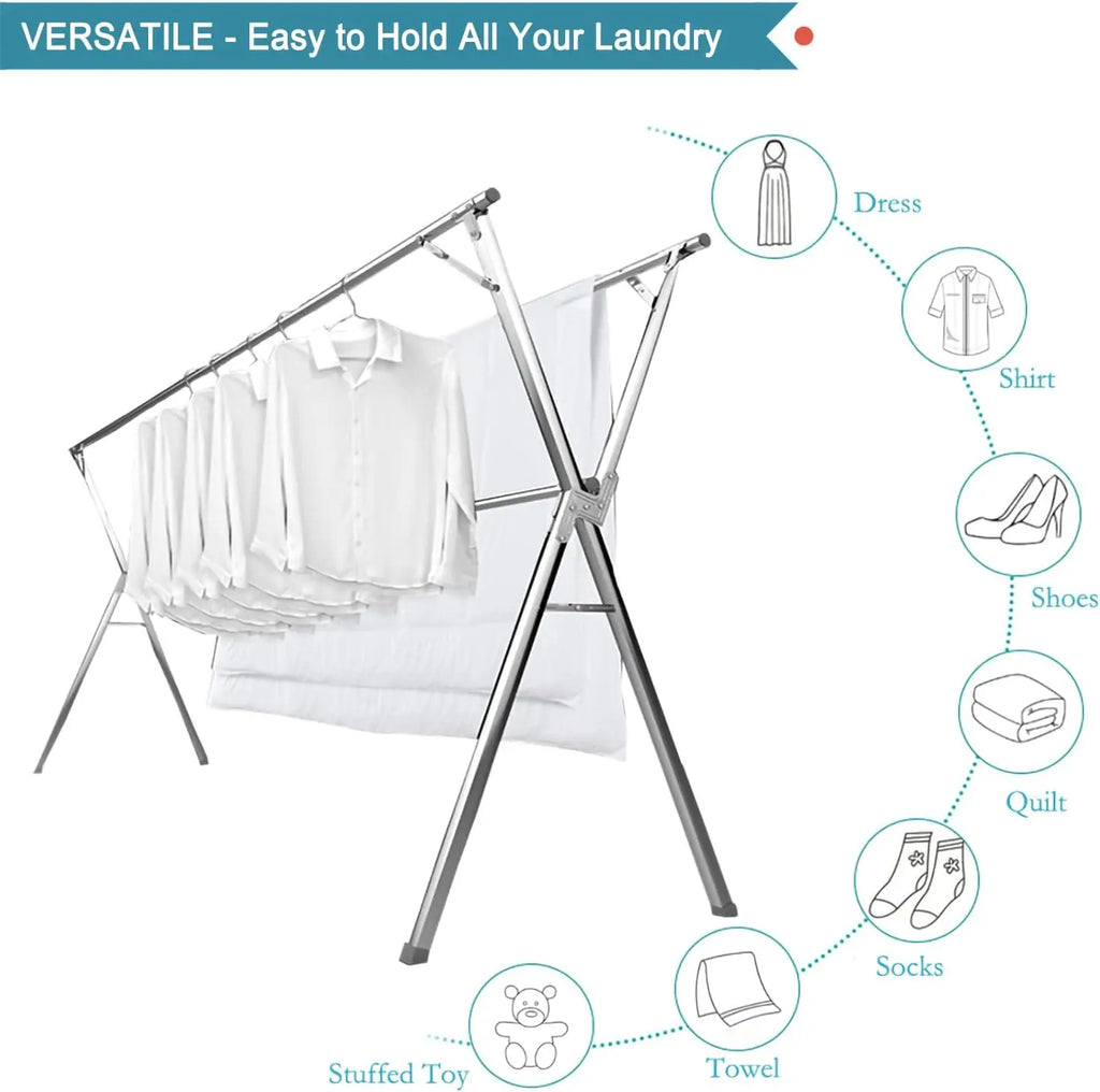 X-Shape Foldable Stainless Steel Clothes Airer/drying rack with features highlighted on a white background