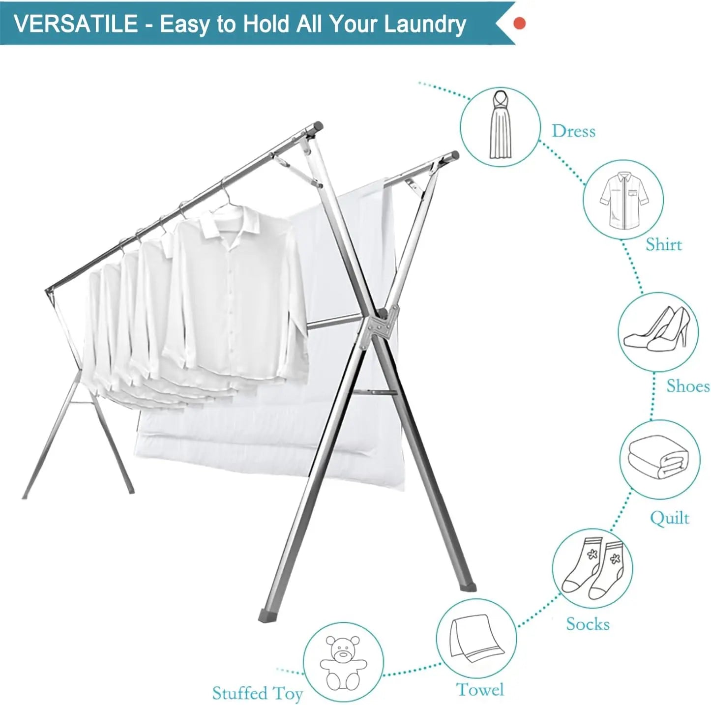 X-Shape Foldable Stainless Steel Clothes Airer/drying rack with features highlighted on a white background