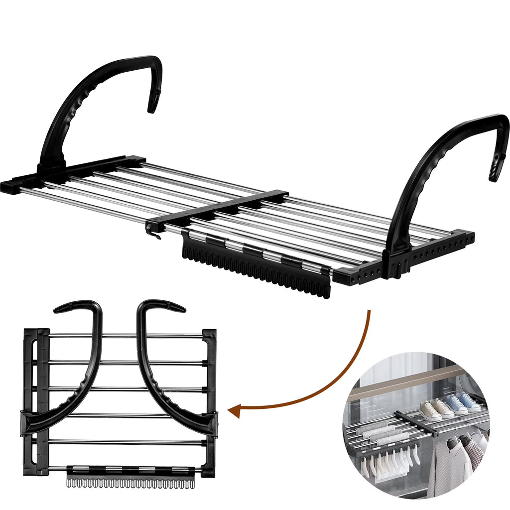 balcony garment rack with foldable shelves on a white background