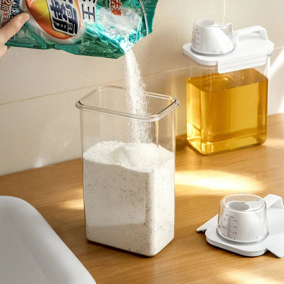 hand pouring powder detergent into a Refillable Laundry Detergent Dispenser