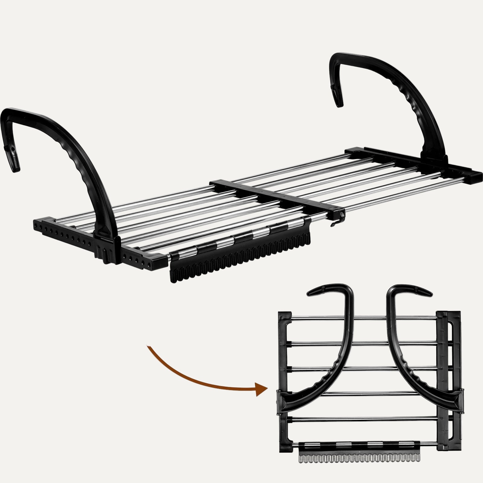 portable foldable drying rack/clothing airer on a white background, both folded and extended