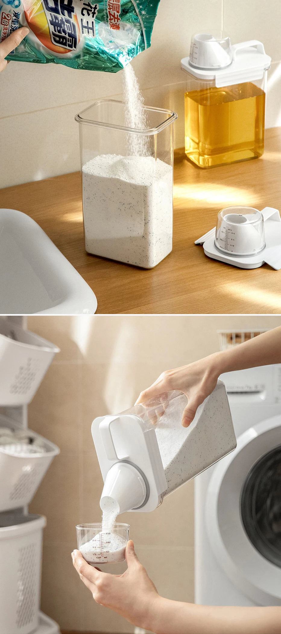 hand pouring powder detergent into a Refillable Laundry Detergent Dispenser